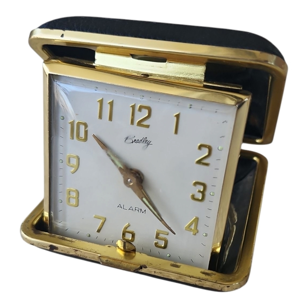 VTG Bradley Wind-Up Gold Travel Alarm Clock Compact Folding Case WORKING